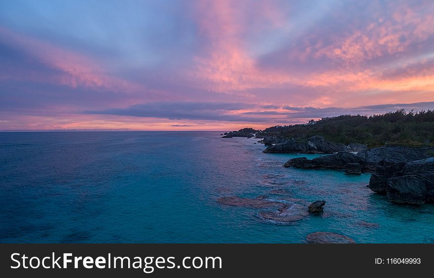 Green Trees Near Body Of Water Under Blue And Orange Sky During Golden Hour