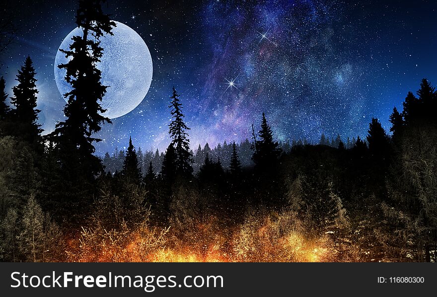 Background fantasy image with full moon in night glowing sky. Background fantasy image with full moon in night glowing sky
