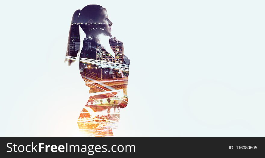 Double exposure of elegant businesswoman and modern city on white background. Double exposure of elegant businesswoman and modern city on white background