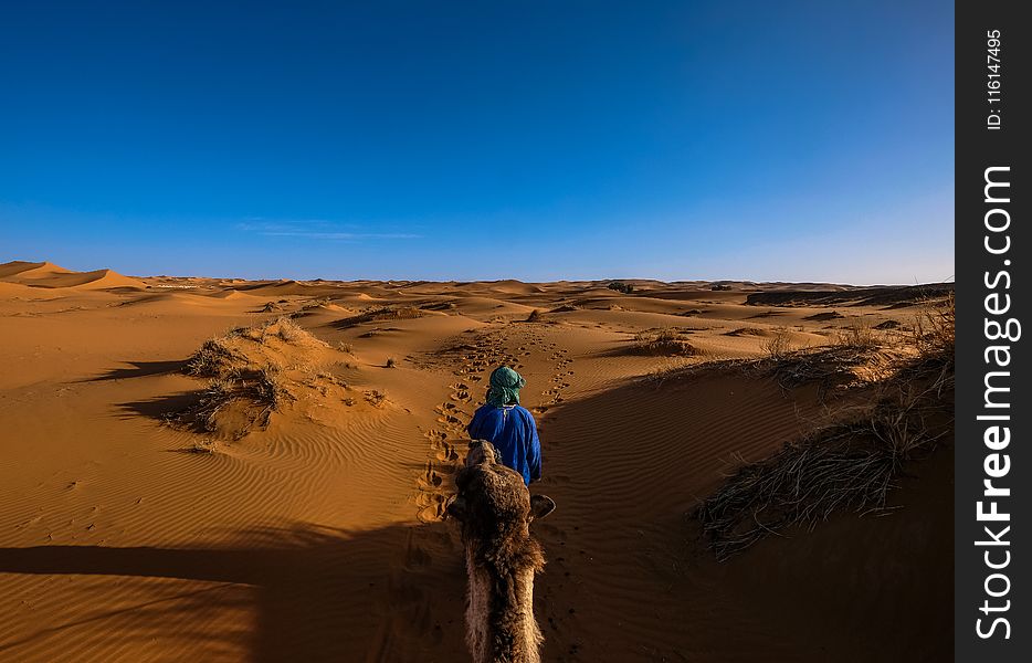 Man Wearing Blue Jacket Riding Camel Walking on Desert