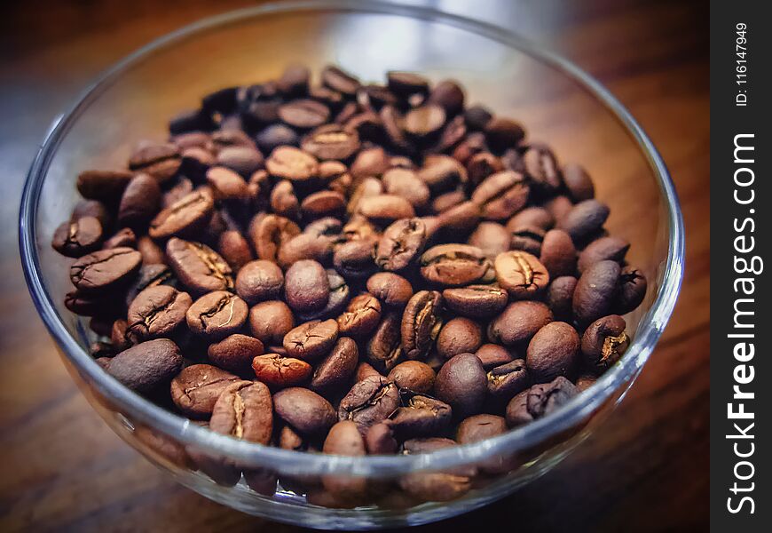 Coffee beans in a glass bowl