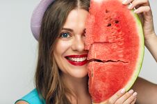 Beauty Face Portrait Of Smiling Woman With Watermelon. Stock Image