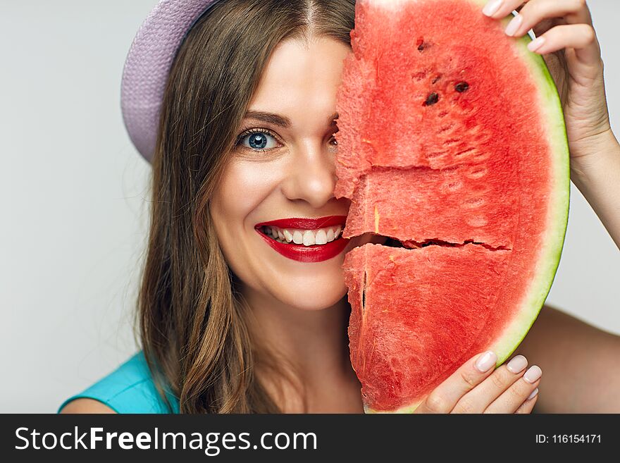 Beauty Face Portrait Of Smiling Woman With Watermelon.