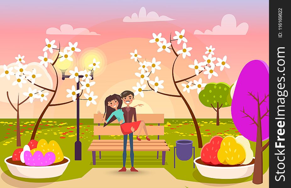 Man with mustache holds cheerful girl in his arms in garden with flowering trees, brown bench and color flower beds vector illustration. Man with mustache holds cheerful girl in his arms in garden with flowering trees, brown bench and color flower beds vector illustration