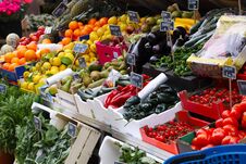Fresh Fruit And Vegetables For Sale At A Street Market, Rhubarbs Royalty Free Stock Images
