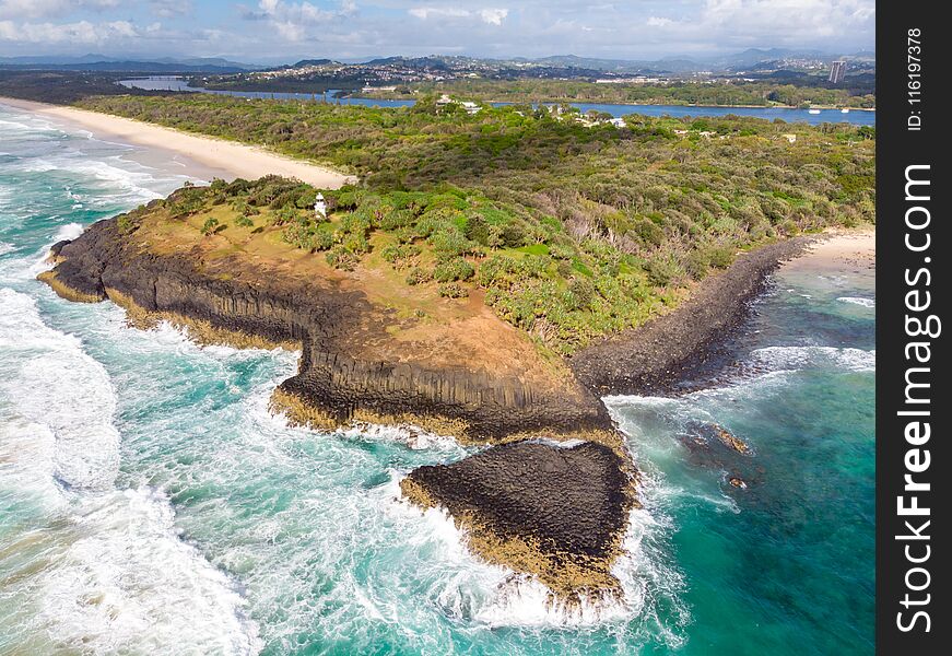 A view over Fingal Head and Fingal Head Causeway near the Gold Coast in Queensland, Australia. A view over Fingal Head and Fingal Head Causeway near the Gold Coast in Queensland, Australia