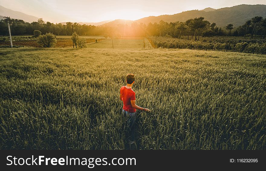 Man Standing in the Middle of the Grass Field