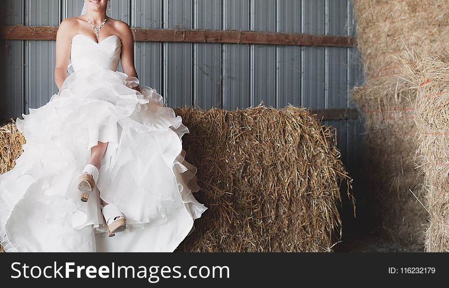 Woman in White Strapless Sweetheart Neckline Bridal Gown Sitting of Brown Hay