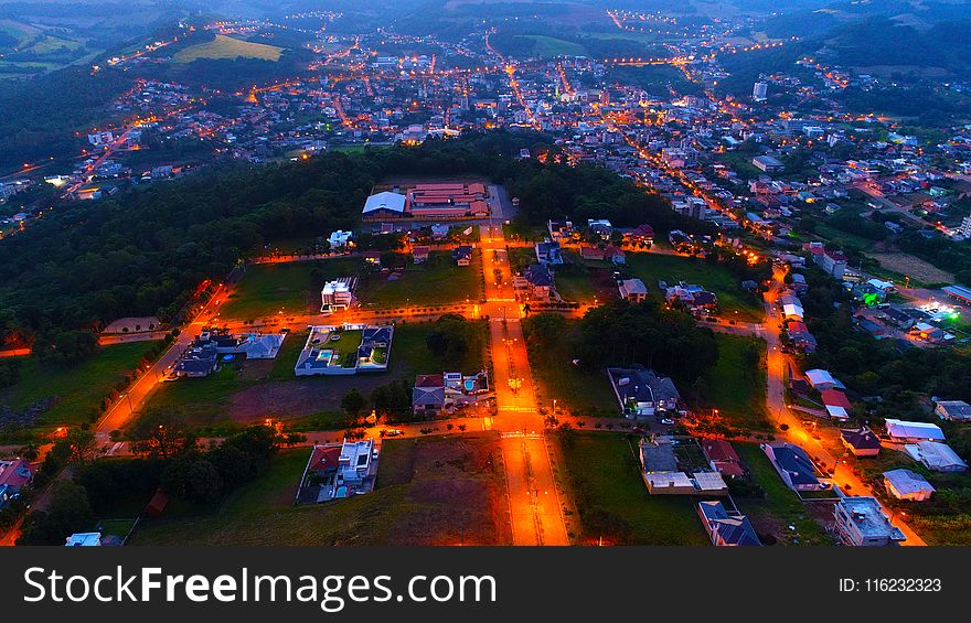 Aerial Photography of Lighted Houses Taken during Nighttime