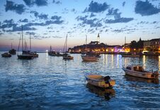 Night View Of Beautiful Town Rovinj In Istria, Croatia. Evening In Old Croatian City, Night Scene With Water Reflections Stock Image