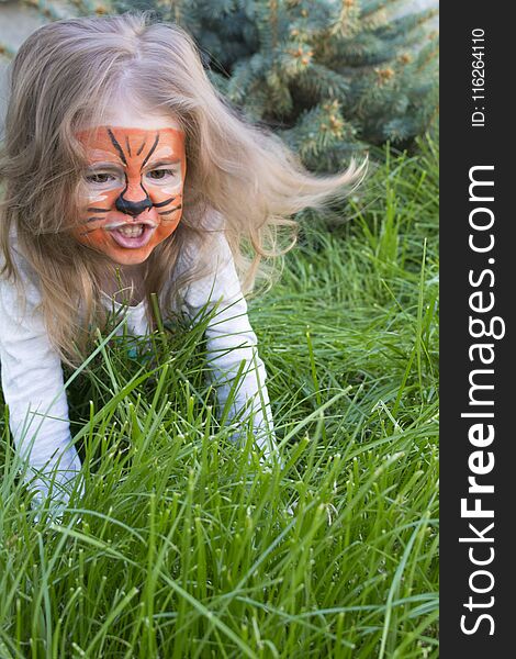 Little girl with a tiger drawn on her face sitting in the grass. Tattooing for a young child. Children`s creativity. Beautiful figure on baby face. Little girl with a tiger drawn on her face sitting in the grass. Tattooing for a young child. Children`s creativity. Beautiful figure on baby face