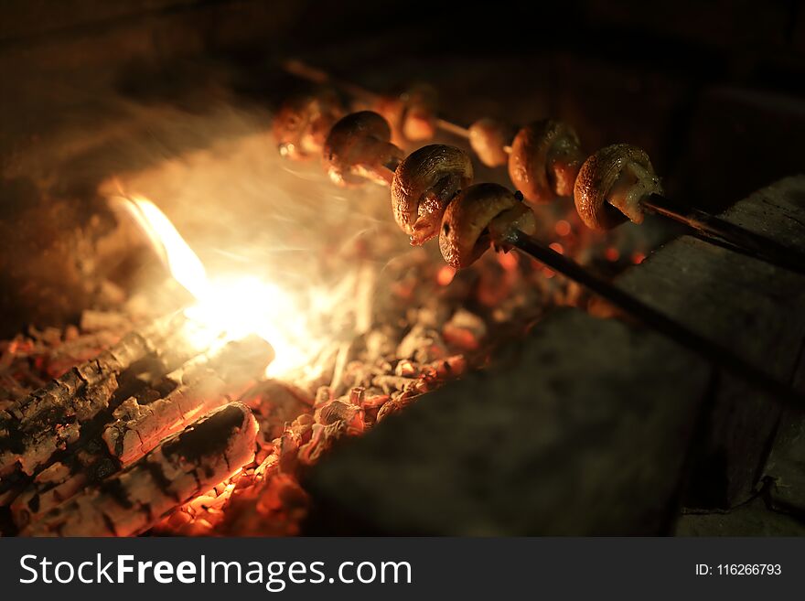 Cooking mushrooms on skewers in a stove