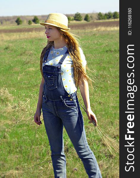 Jeans, Denim, Grass, Headgear