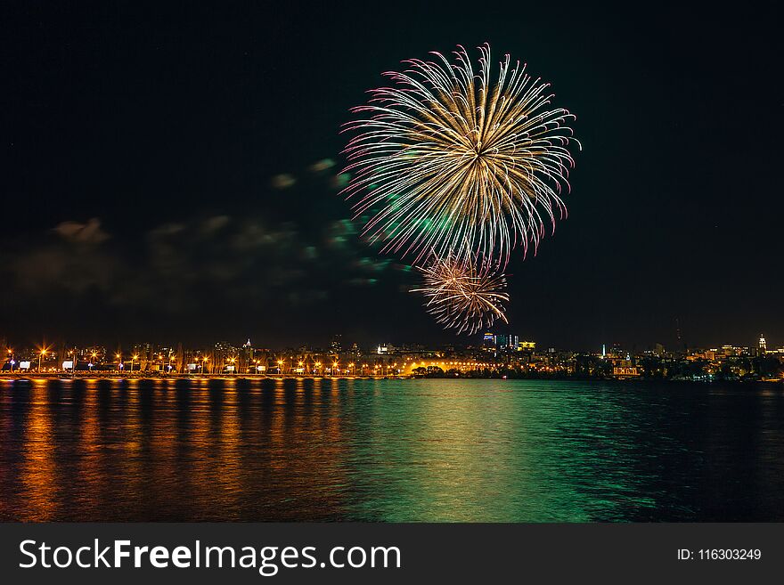 Firework Over Voronezh River During Celebration Of Victory Day Anniversary Festival