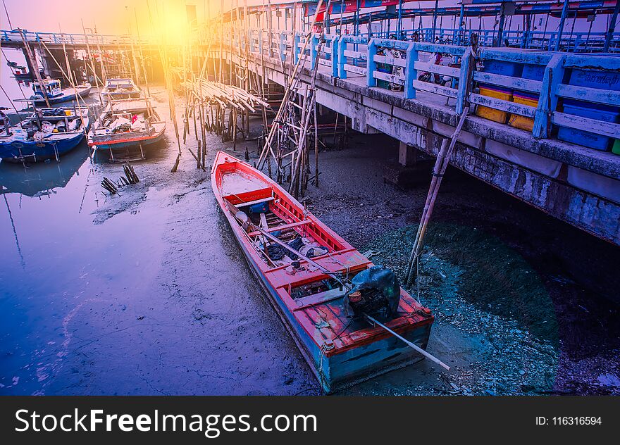 Fishing boats in fisherman village at Ang Sila Chonburi Thailand