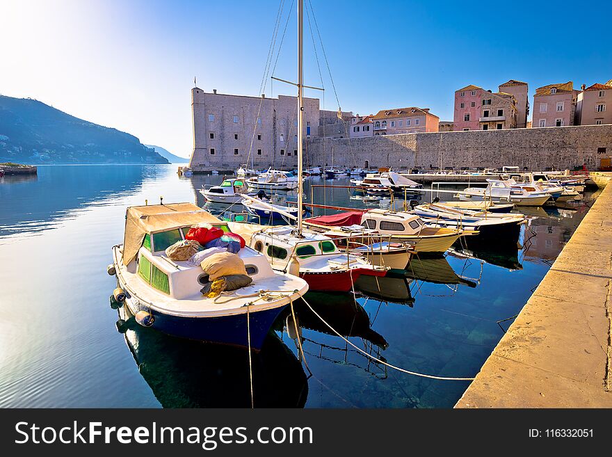 Dubrovnik harbor and city walls morning view