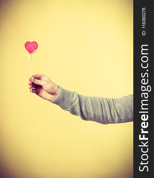 Person holding heart on stick.