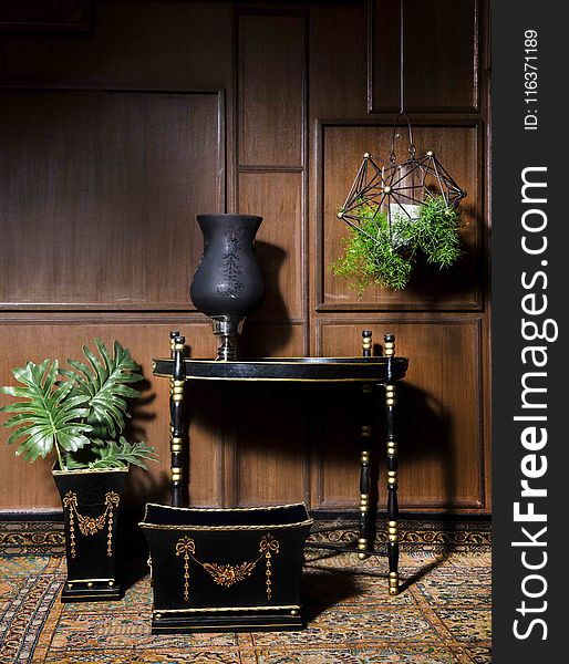 Black Wooden End Table Near Square Brown And Black Wooden Pot And Rectangular Black And Brown Wooden Trunk