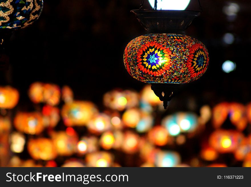 Orange and Multicolored Stain Glass Lampshade