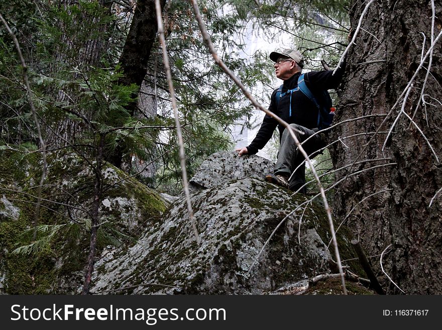 Man Wearing Black Long-sleeved Shirt on Gray Rock