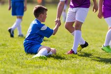 Young Children Players Football Match On Soccer Field Stock Photography