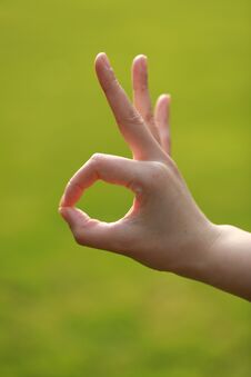 Ok Hand Sign In Grass, By A Woman Hand , Agreement Royalty Free Stock Photography