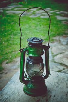 Photo Depicts Metal Rusty Lantern. An Old Oil Kerosene Green Lam Stock Image