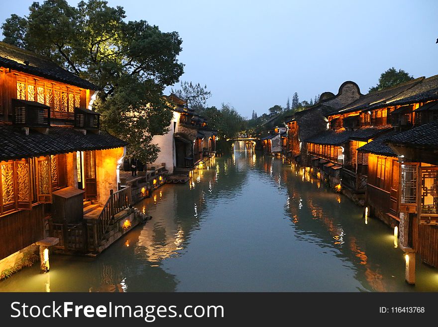 Chinese Architecture, Waterway, Reflection, Town