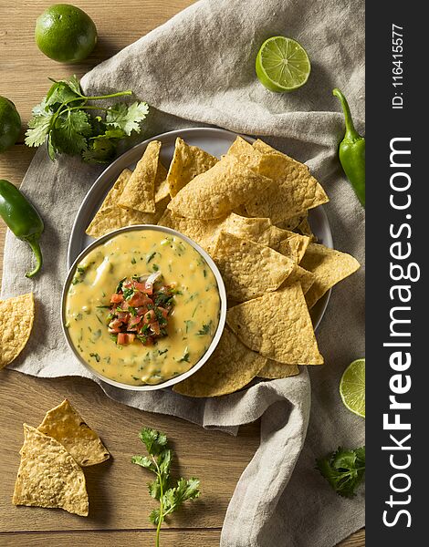Spicy Homemade Cheesey Queso Dip with Tortilla Chips