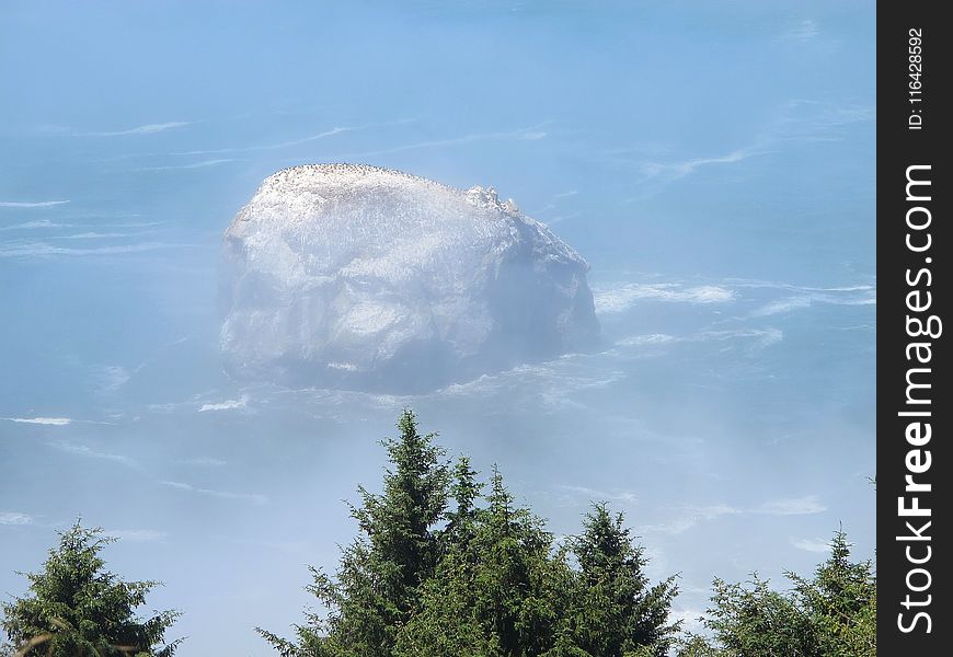 Rock Island Off The Foggy Shore Of Pacific Northwest