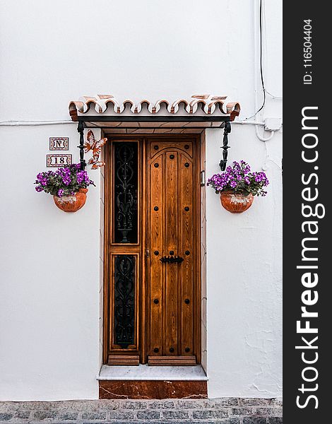 Brown Wooden Door Beside Two Purple Petaled Flowers