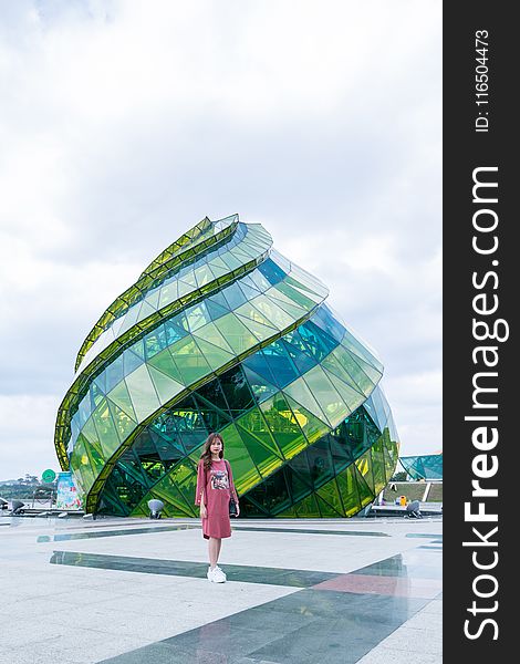 Woman in Pink Long-sleeved Midi Dress Standing Near Green and Blue Landmark Under Gray and White Sunny Cloudy Sky during