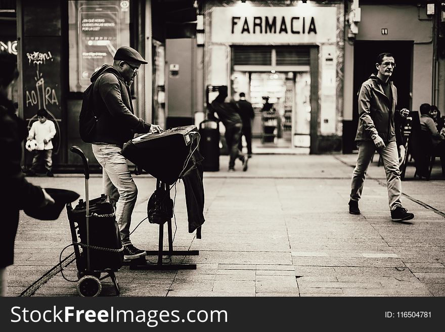Grayscale Photography of Farmacia Store Front