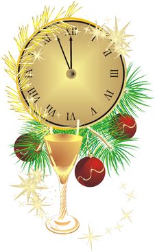 Glass, Clock And Fur-tree With Christmas Balls Stock Images Glass, Clock And Fur-tree With Christmas Balls Stock Images