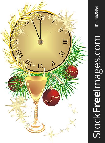 Glass, clock and fur-tree with Christmas balls. Holiday composition. Vector illustration