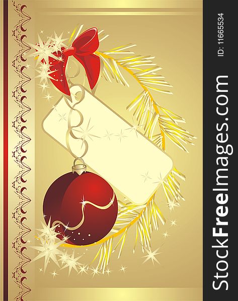 Bow with sticker and Christmas ball. Background for card. Vector illustration. Bow with sticker and Christmas ball. Background for card. Vector illustration