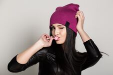 Cool Hipster Woman Holding Lollipop. Beautiful University Student Looking At Camera Smiling Happy Royalty Free Stock Images Cool Hipster Woman Holding Lollipop. Beautiful University Student Looking At Camera Smiling Happy Royalty Free Stock Images