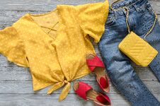 Womens Clothing, Accessories, Shoes Yellow Blouse In Polka Dot, Royalty Free Stock Images