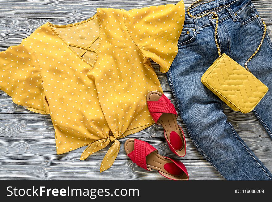 Womens clothing, accessories, shoes yellow blouse in polka dot