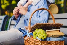 A Picnic Basket With Fruits, Bread And Wine. Stock Images