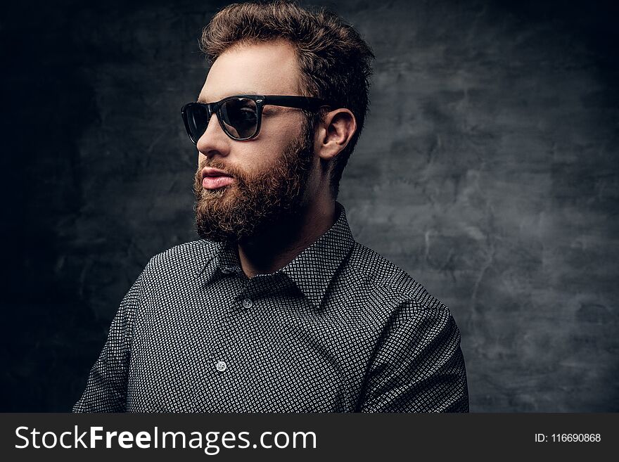 Bearded Male In Sunglasses Over Grey Background.