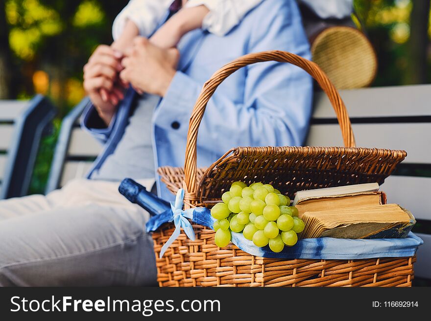 Close up image of picnic basket full of fruits, bread and wine. Close up image of picnic basket full of fruits, bread and wine.