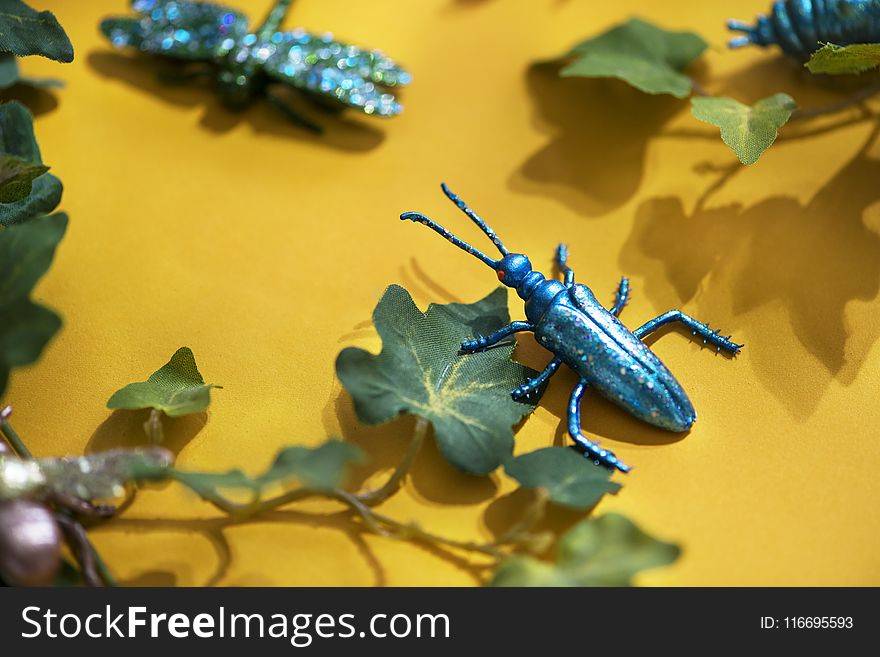 Black Beetle Decor on Yellow Surface With Green Leaves