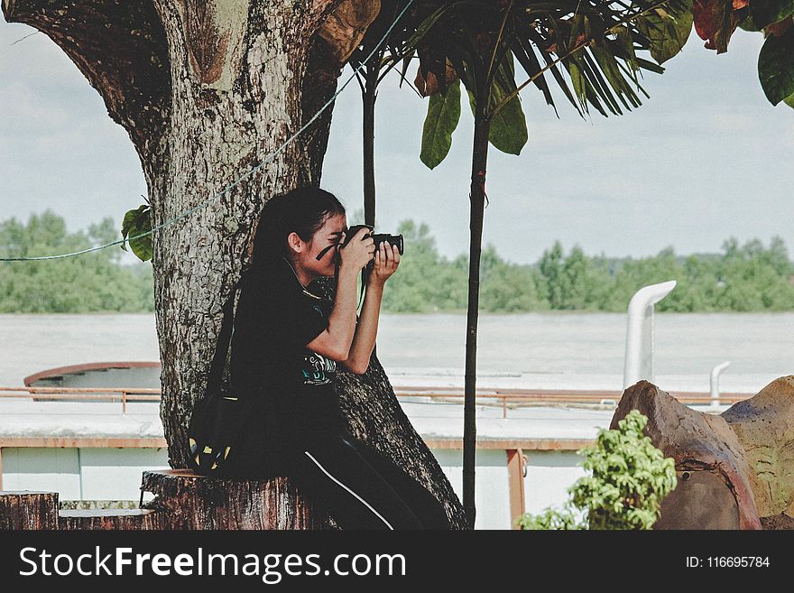 Woman Taking Photo Near to Tree