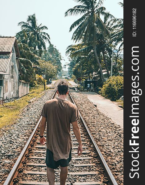 Man In Brown Shirt Standing On Train Rail Near Coconut Palms