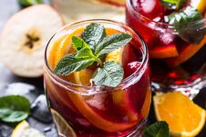 Sangria With Fruit, Ice And Mint In Glass. Stock Image