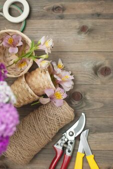 Floristic Tools Background. Pink Alstromeria Carnation Flowers On Wooden Background With Garden Floristic Tools And Wire Rustic Fl Stock Photos