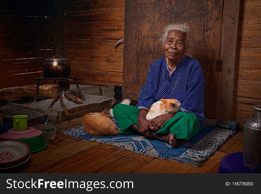 Woman With White Hair In Blue Long-sleeved Top Sitting With White And Orange Tabby Cat