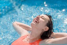 Happy Girl Swimming In The Pool On A Sunny Day, Close-up Royalty Free Stock Photos