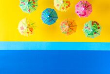 Overhead View On Beach With Umbrellas And Sea With Boats. Sea Travel And Summer Vacation Minimal Concept. Royalty Free Stock Photos Overhead View On Beach With Umbrellas And Sea With Boats. Sea Travel And Summer Vacation Minimal Concept. Royalty Free Stock Photos
